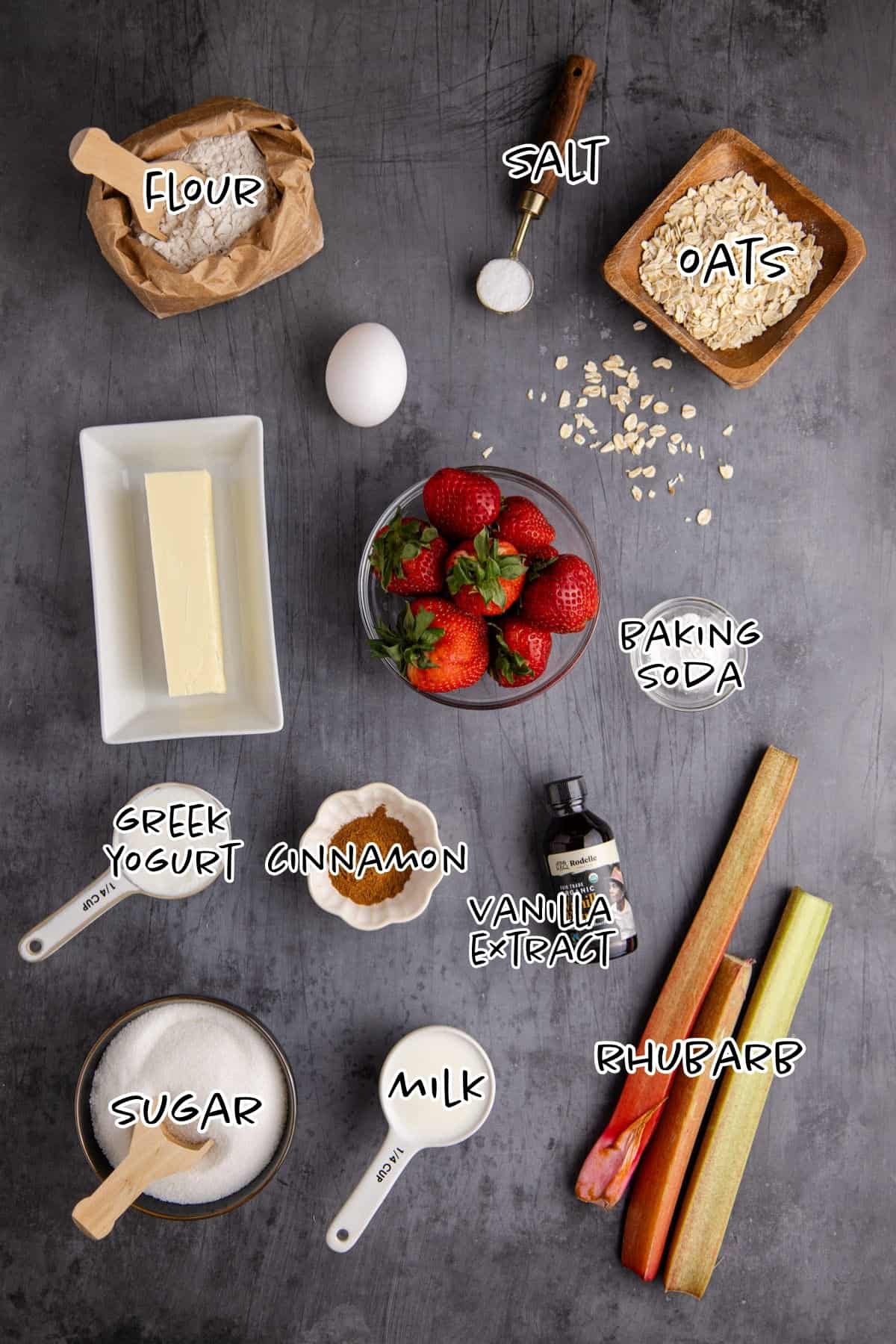 strawberry rhubarb coffee cake ingredients on a counter