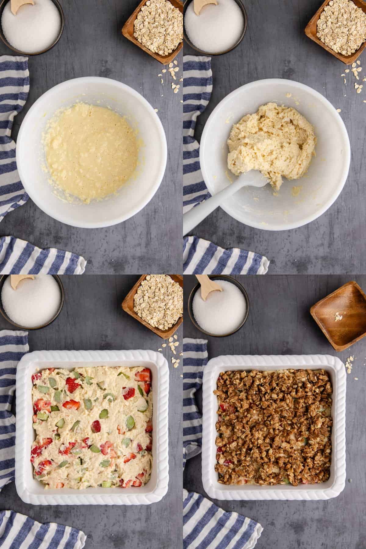 strawberry rhubarb coffee cake being made in a bowl then into a square pan