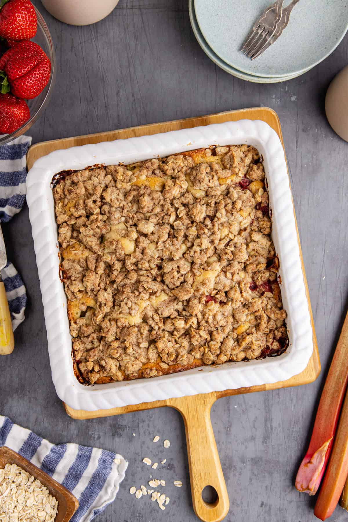 strawberry rhubarb coffee cake in a square dish from above