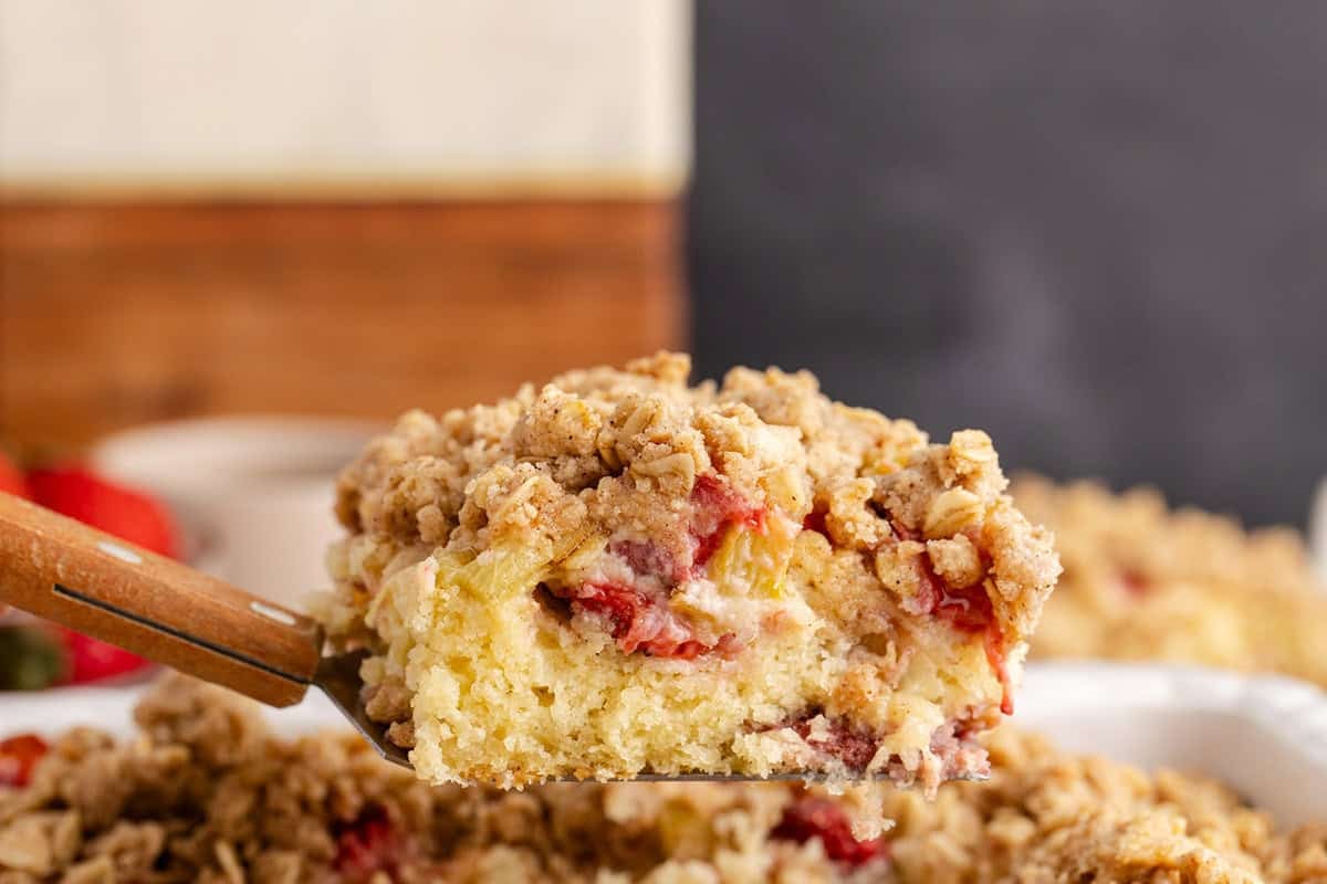 strawberry rhubarb coffee cake on a server