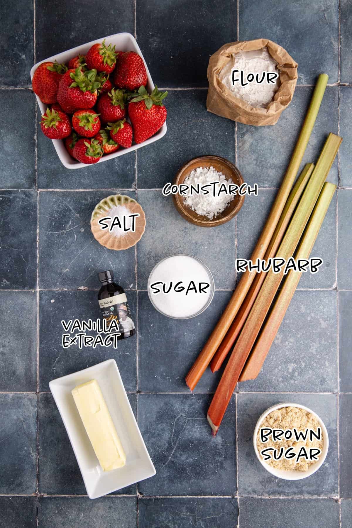 Strawberry Rhubarb Tart Ingredients on a Counter