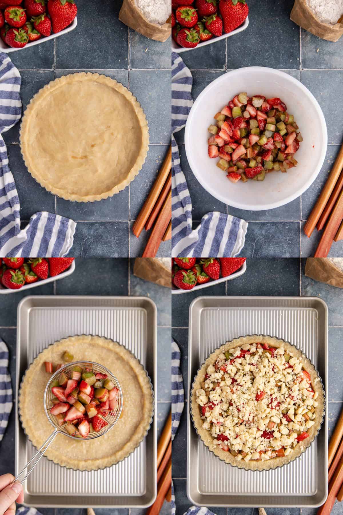 Strawberry Rhubarb Tart being made in a bowl and into the crust