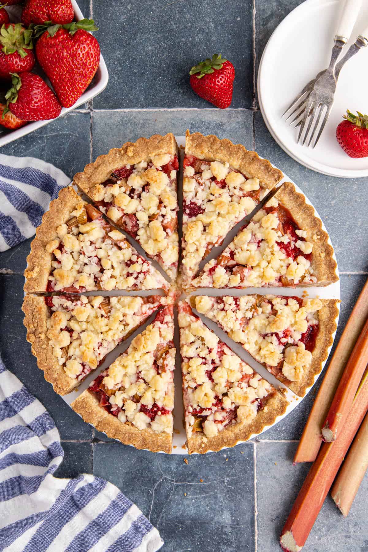 Strawberry Rhubarb Tart on a serving platter from above