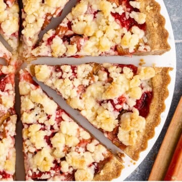 Strawberry Rhubarb Tart on a plate from above
