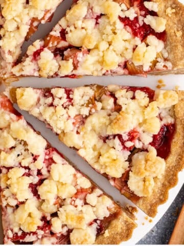 Strawberry Rhubarb Tart on a plate from above