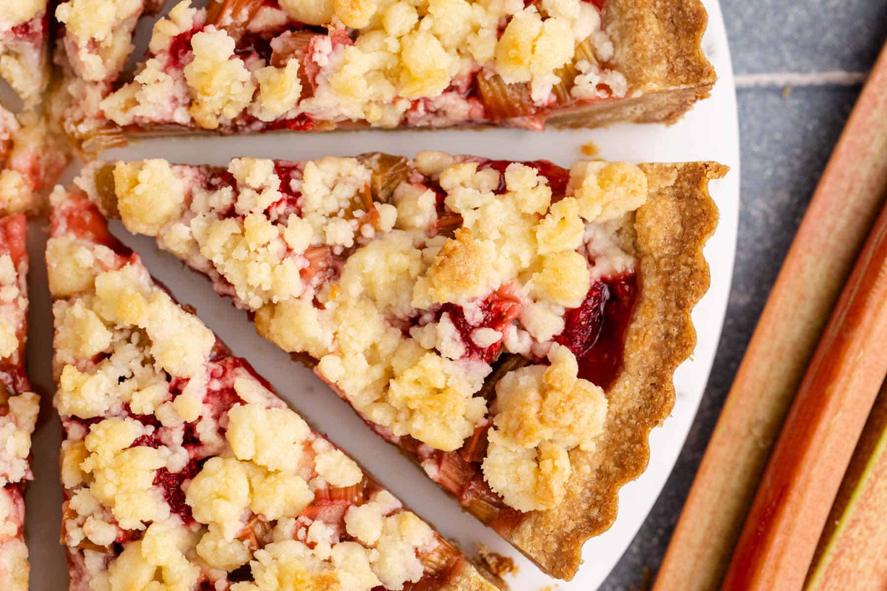 Strawberry Rhubarb Tart on a plate from above