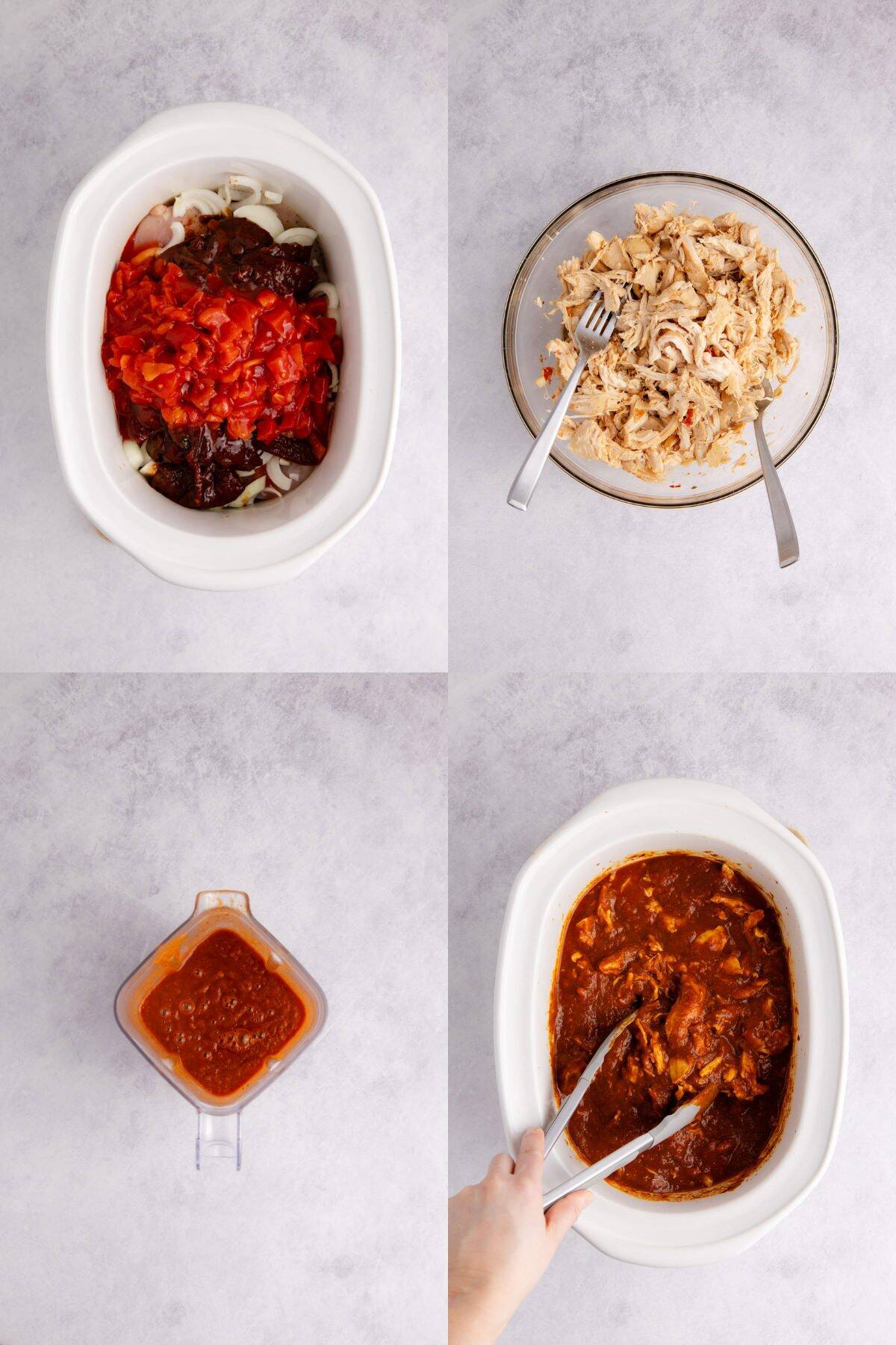 Tostados de Tinga being made in a slow cooker and sauce made in a blender