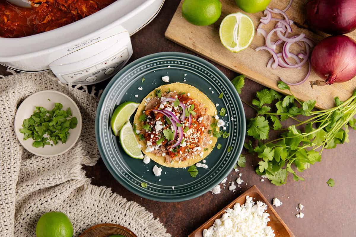 Tostados de Tinga on a plate from overhead