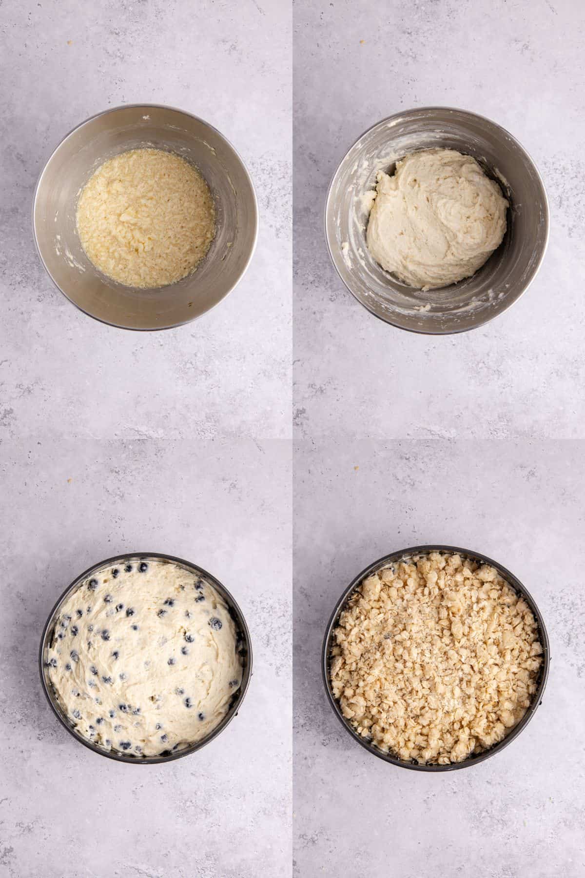 Blueberry Coffee Cake being made in a mixer bowl and springform pan
