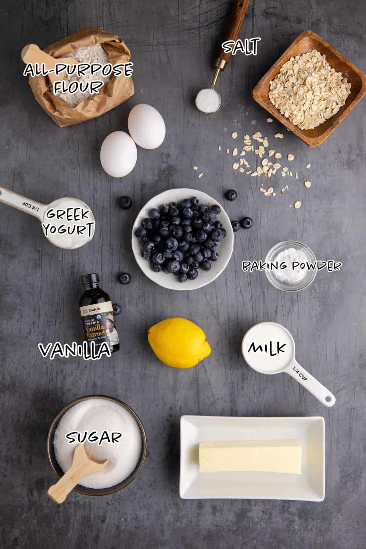 Blueberry Coffee Cake Ingredients on a counter