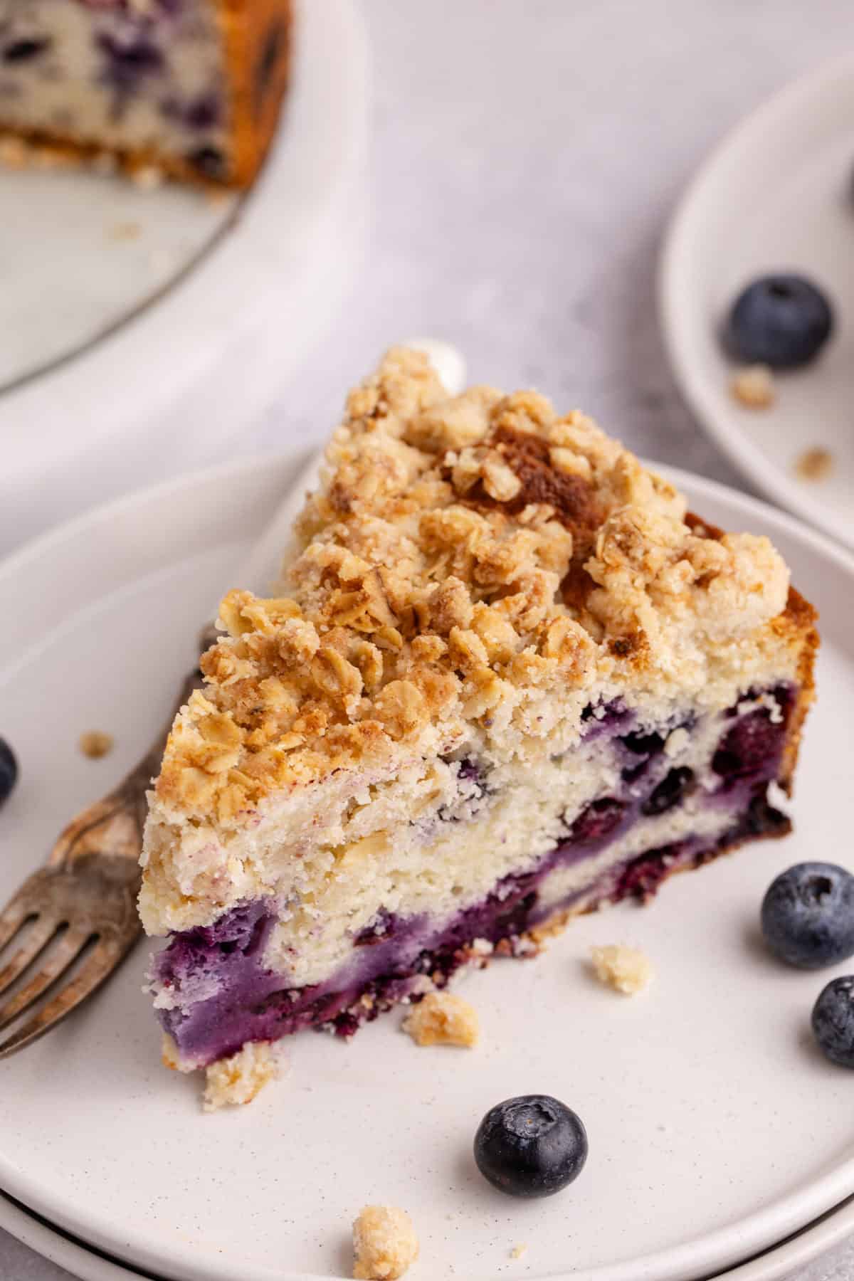 Blueberry Coffee Cake on a plate up from overhead with a fork beside it