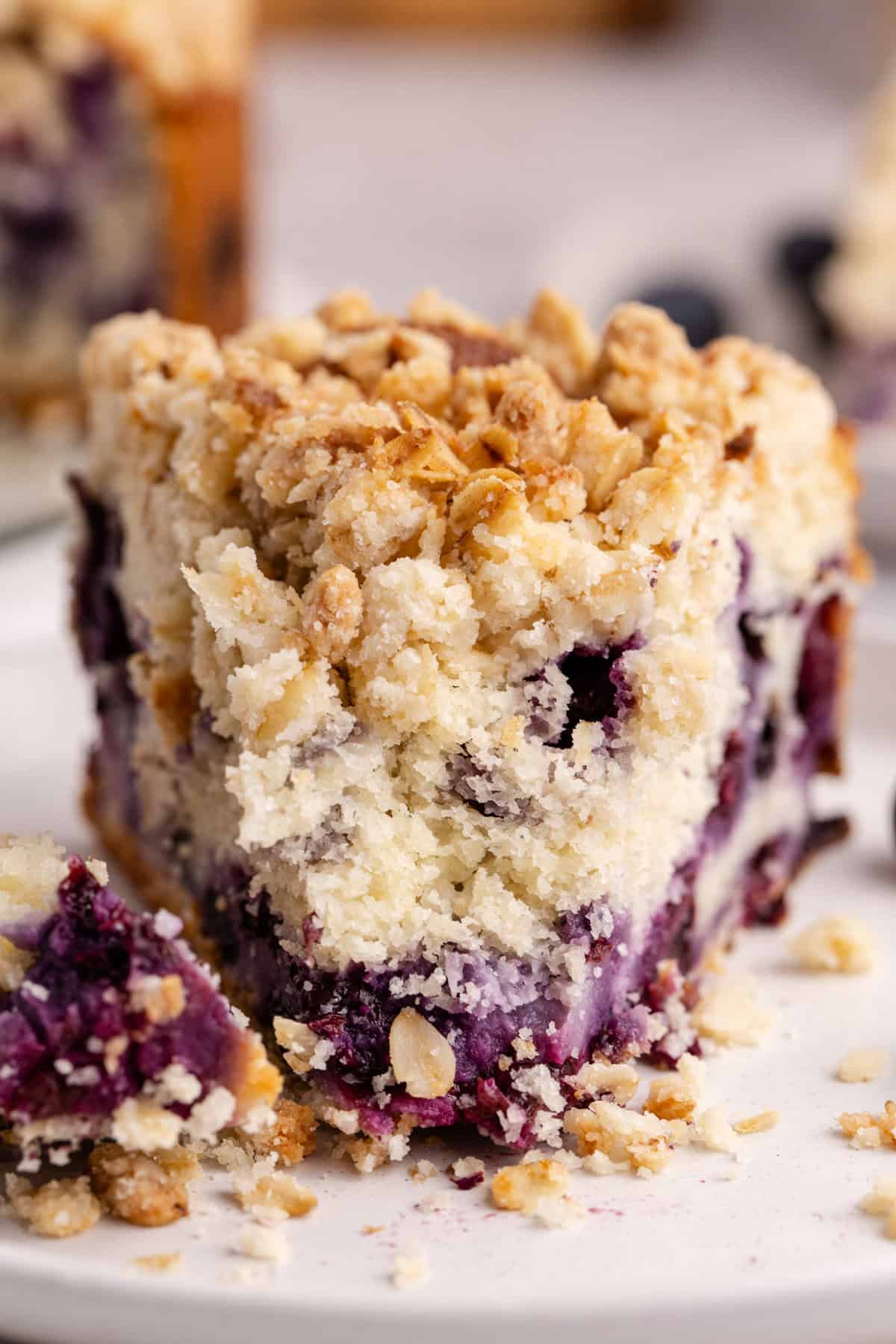Blueberry Coffee Cake on a plate up close with a piece taken and on a fork