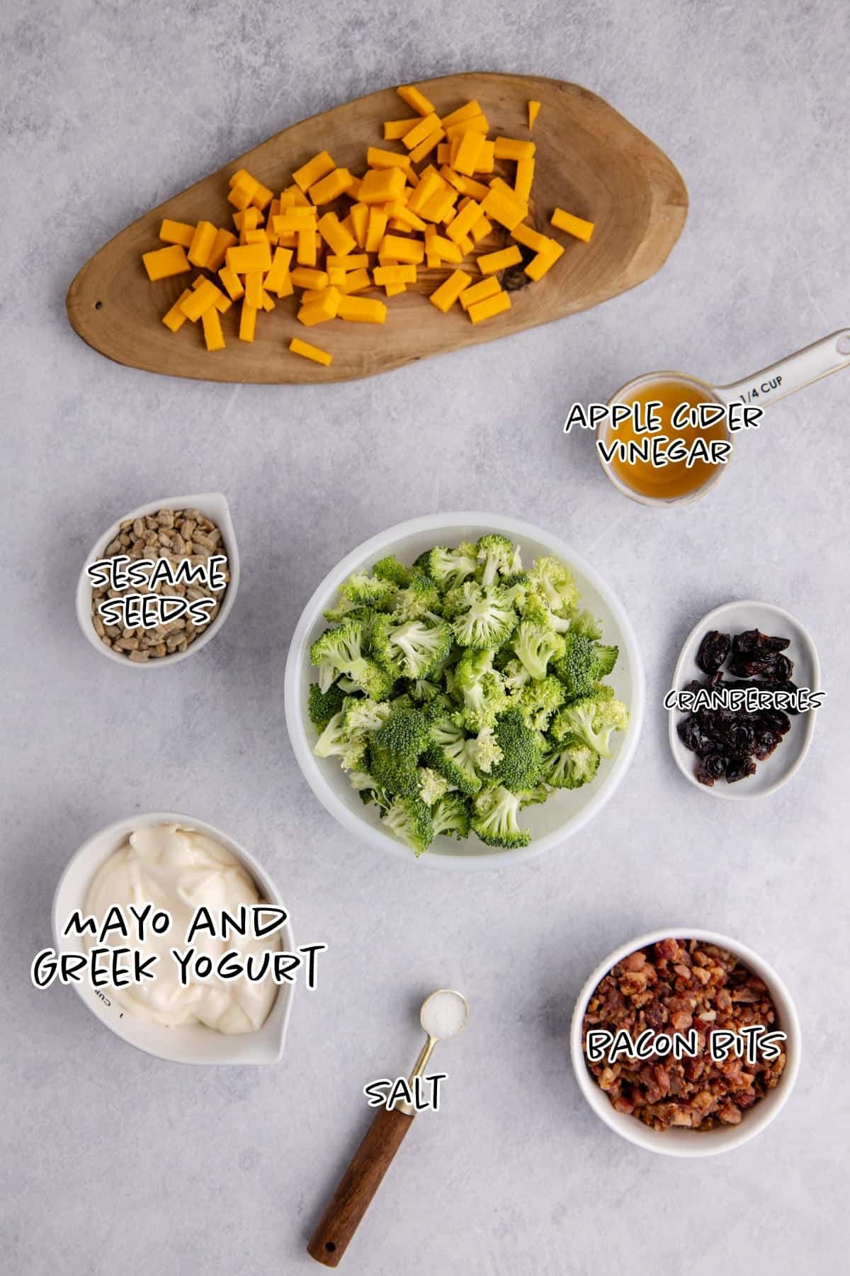 Broccoli Salad with Cranberries Ingredients on a counter