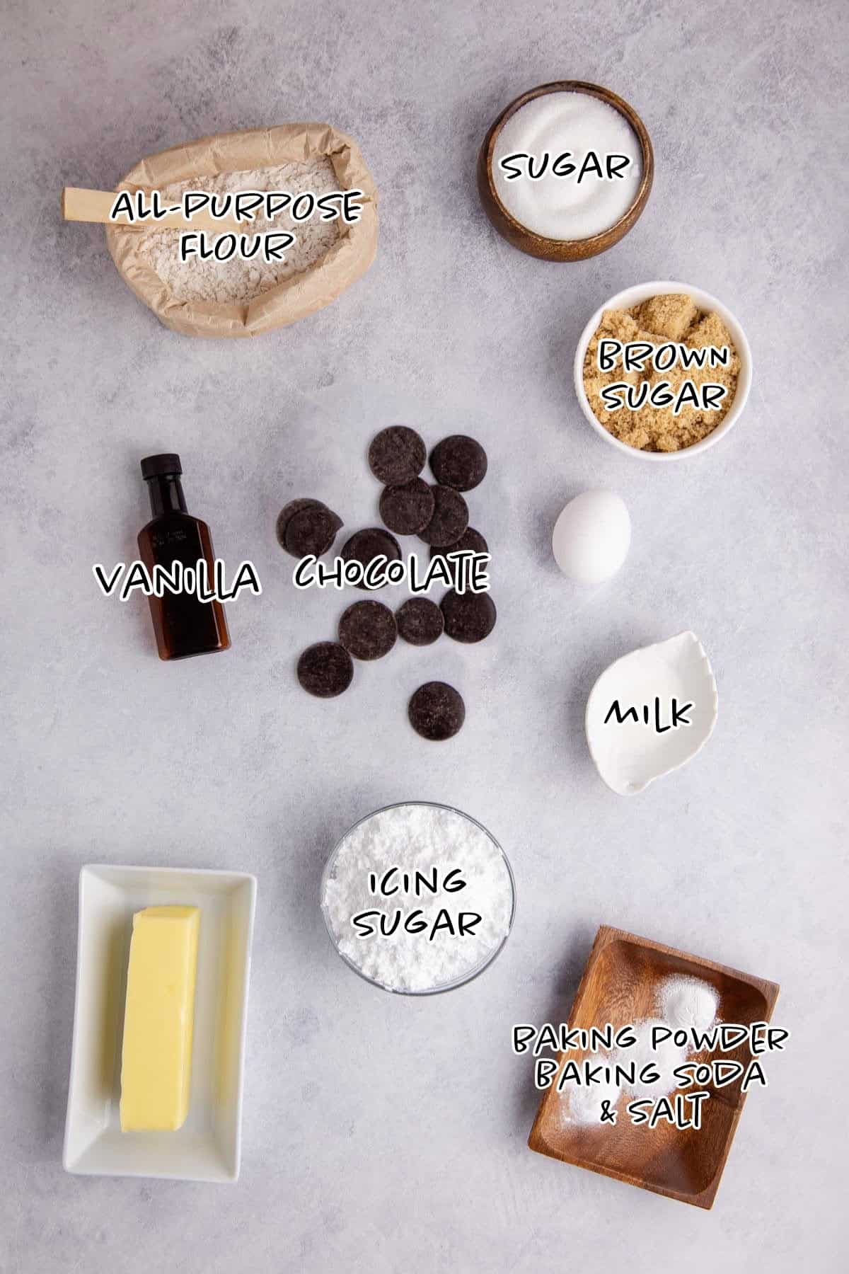 Chocolate chip cookie cake ingredients on a counter