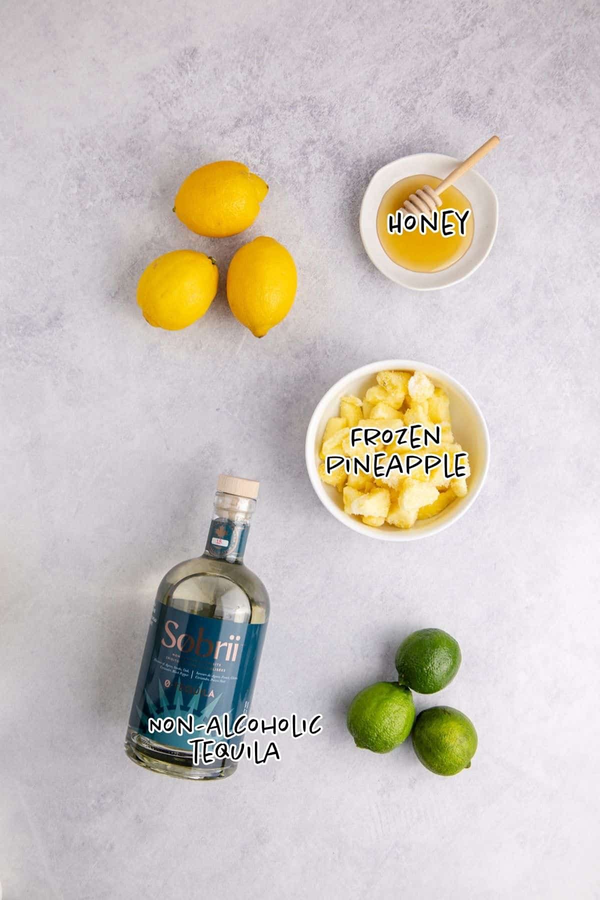 Frozen Non Alcoholic Pineapple Margarita Ingredients on a counter