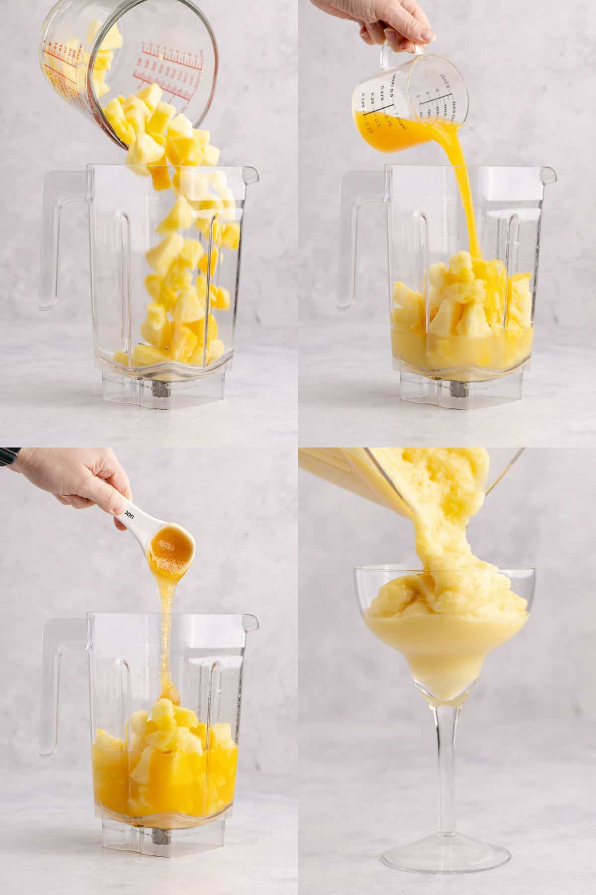Frozen Non Alcoholic Pineapple Margarita being made in a blender