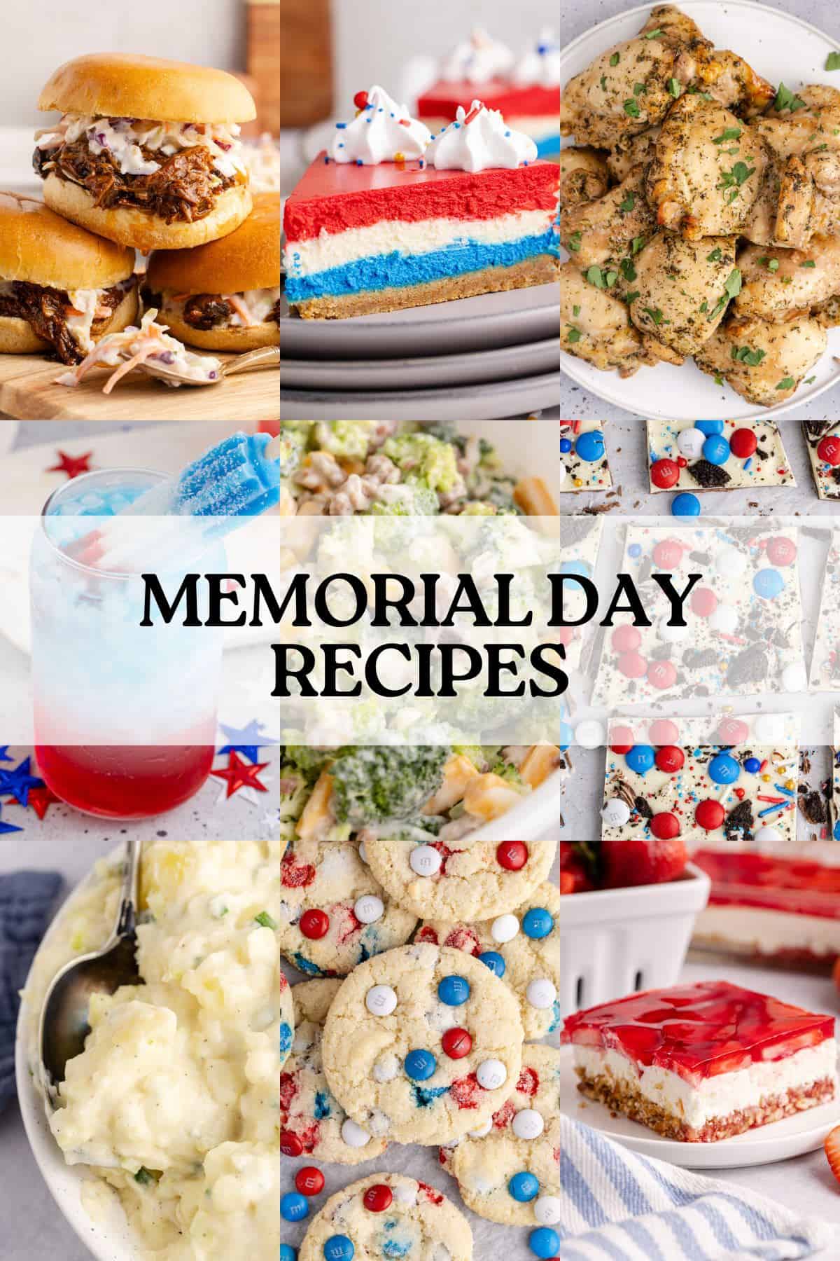 Memorial Day Recipes Collage of Mains Sides and Desserts