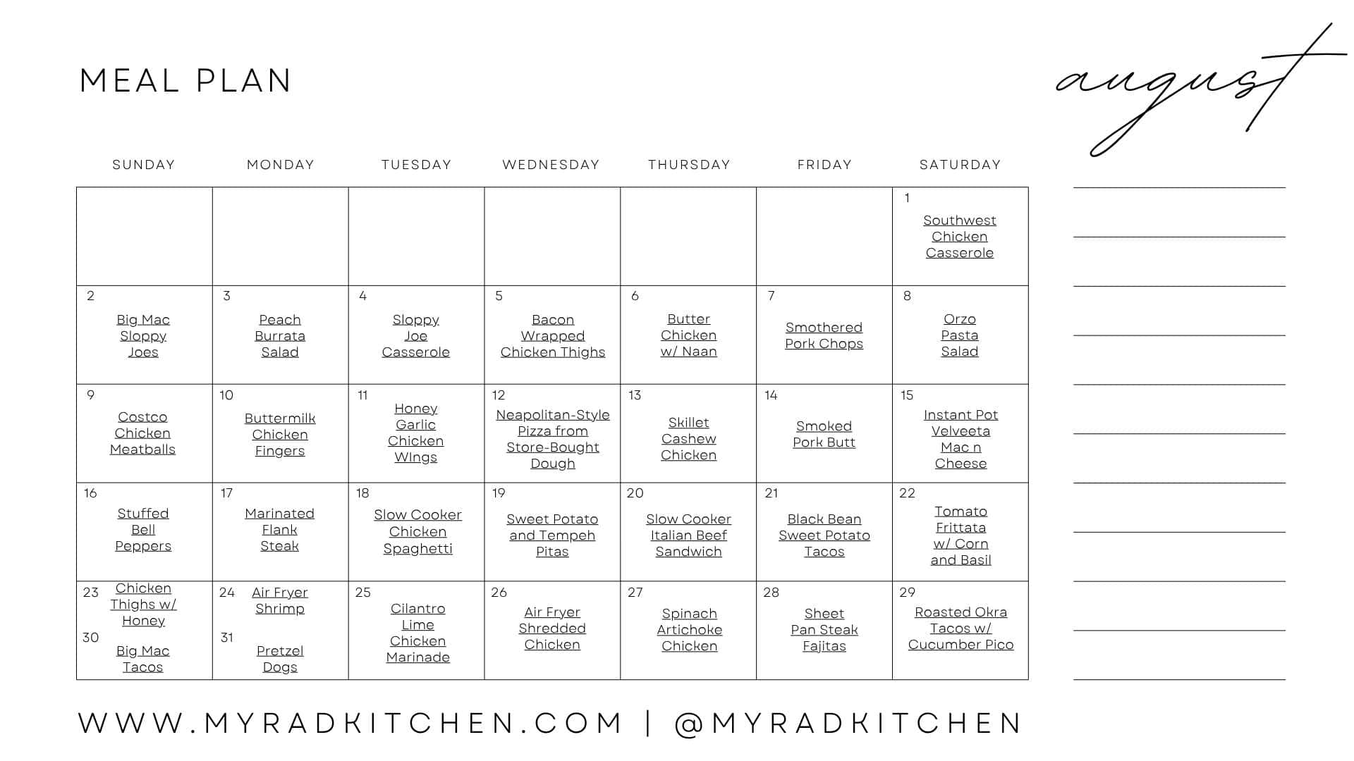 Monthly Meal Plan Calendar for August