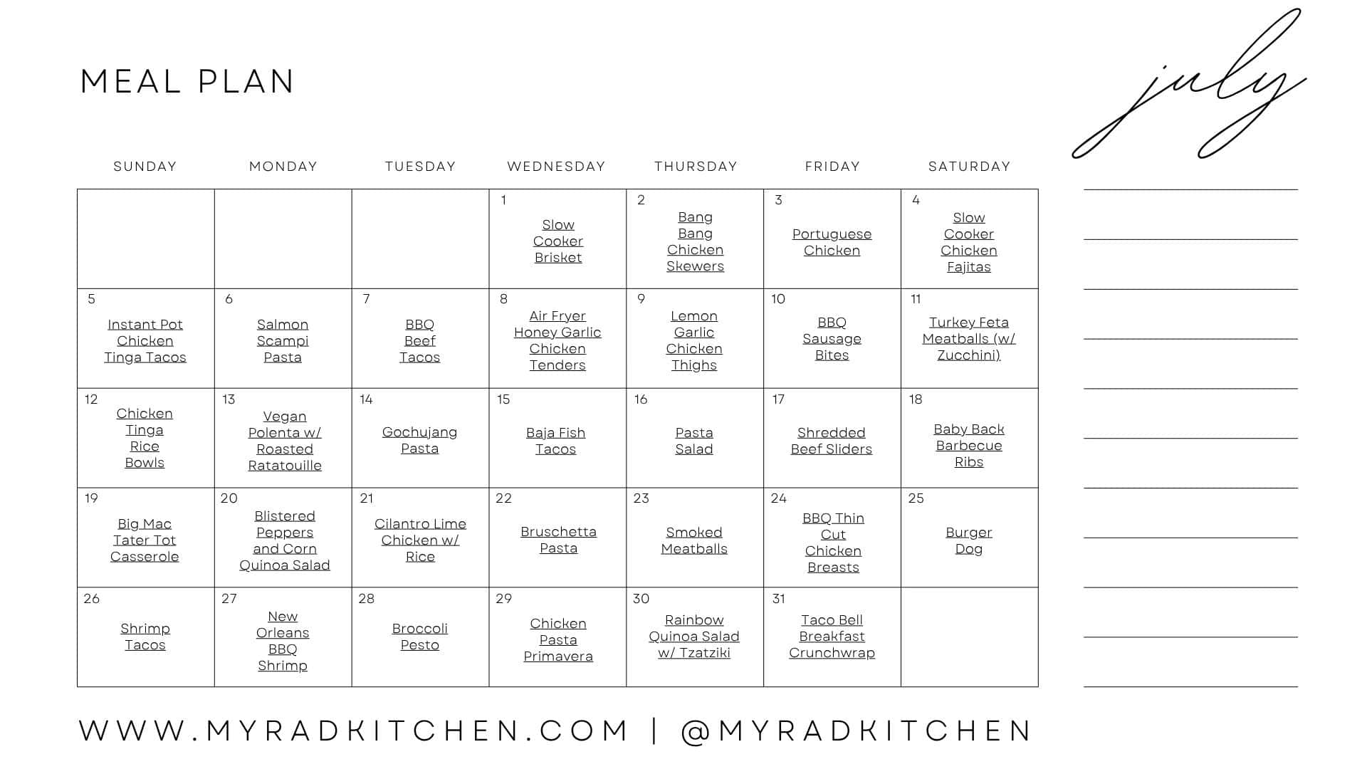 Monthly Meal Plan Calendar for July