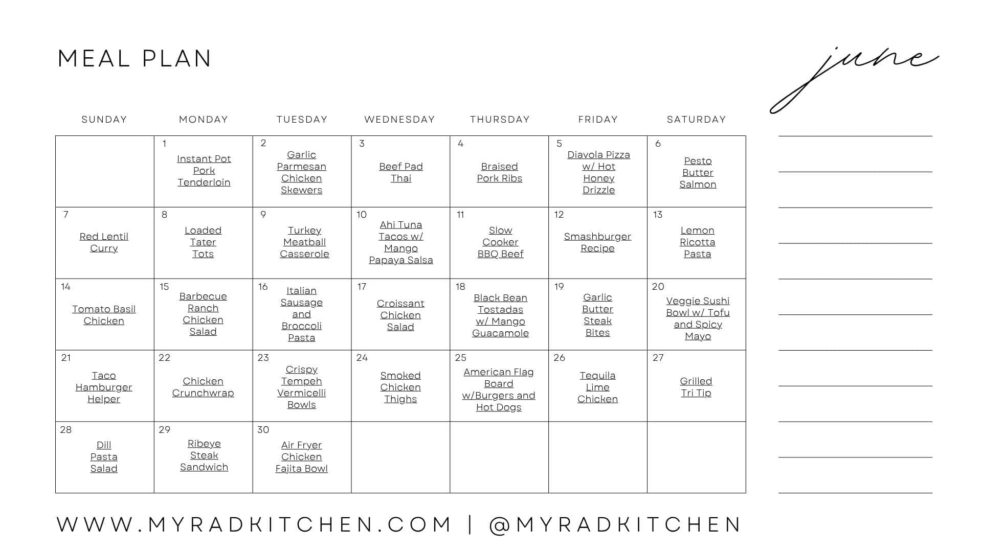 Monthly Meal Plan Calendar for June
