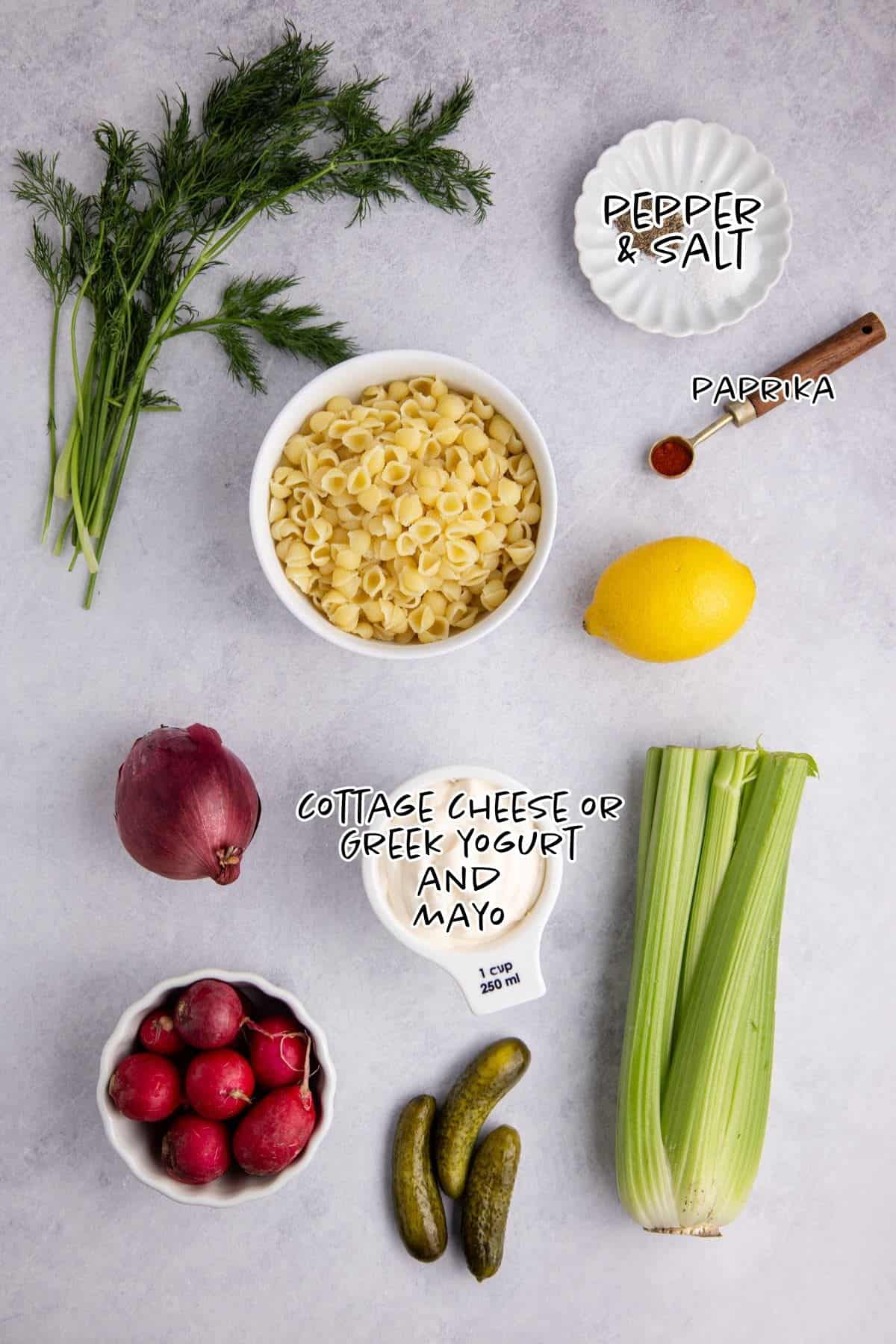 Pasta Salad with Fresh Dill ingredients in a counter