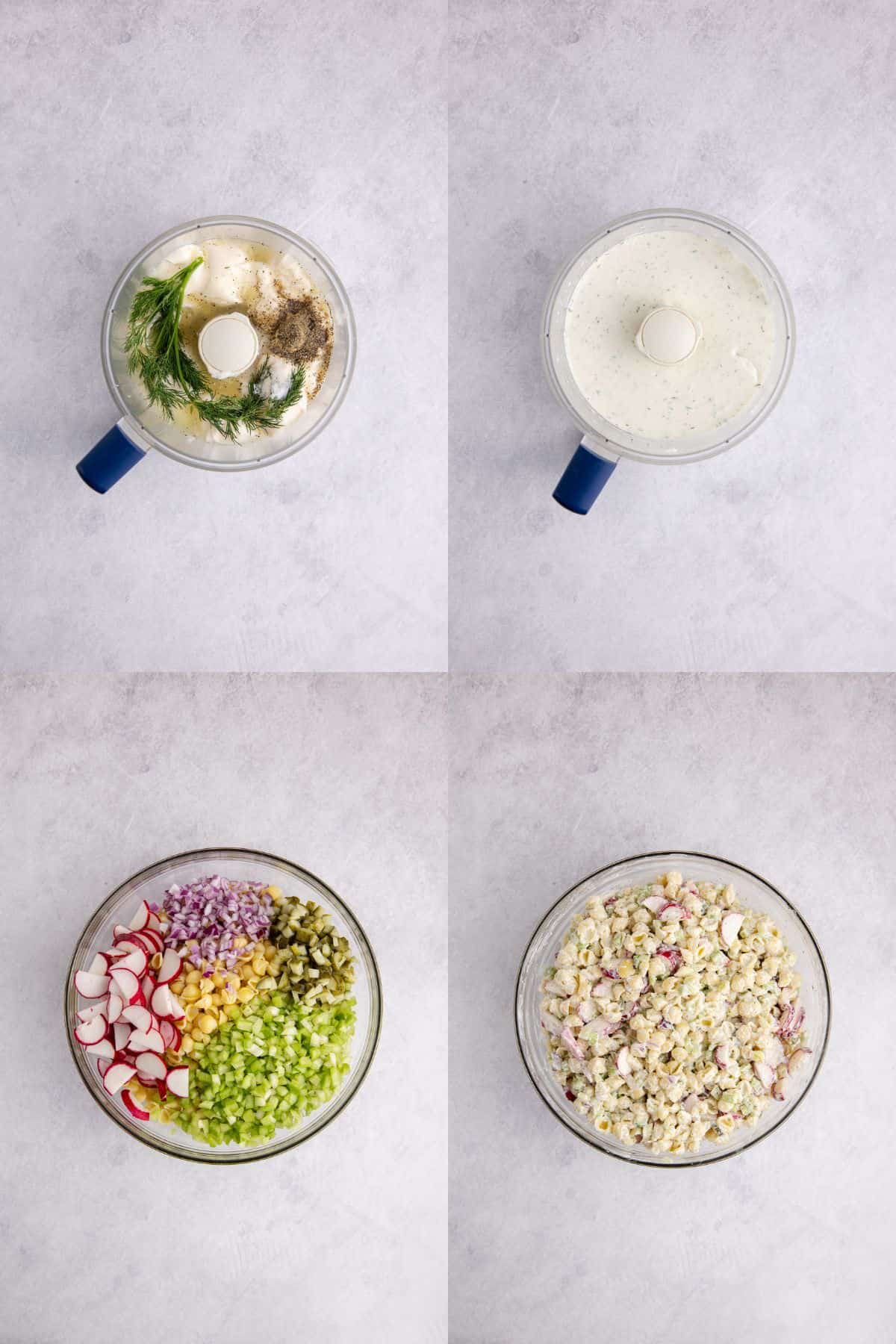 Pasta Salad with Fresh Dill being made in a bowl and food processor