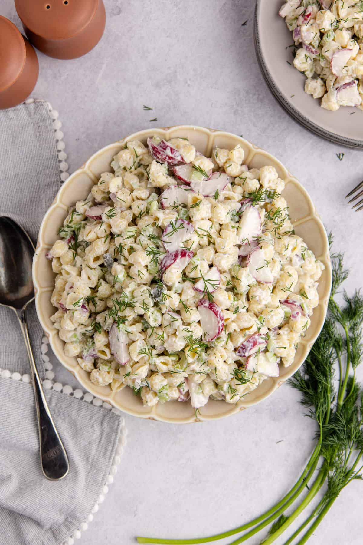 Pasta Salad with Fresh Dill from overhead in a serving bowl