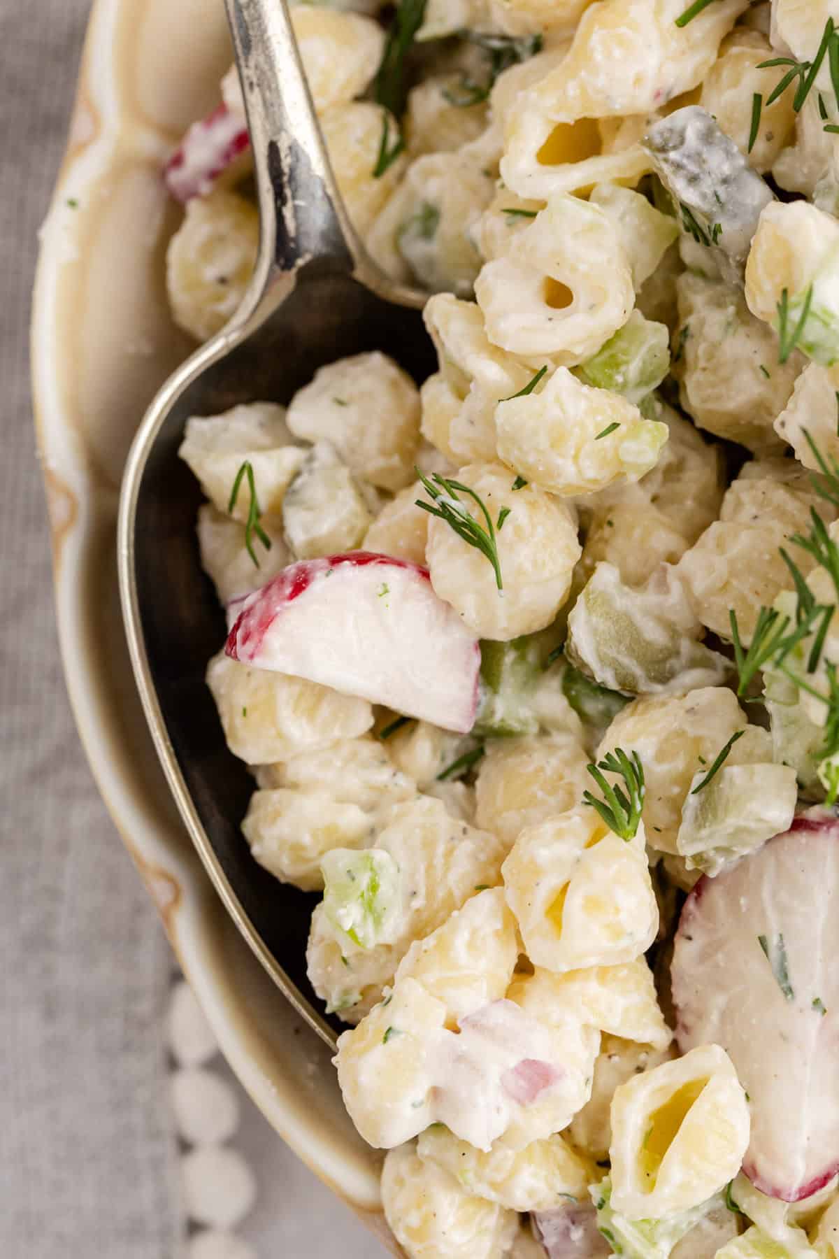 Pasta Salad with Fresh Dill spoonful up close