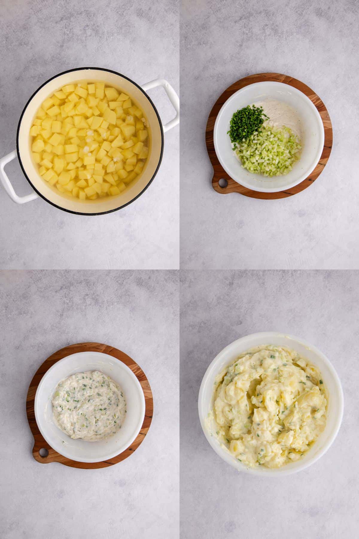 Potato Salad without Eggs being made in a bowl and pot