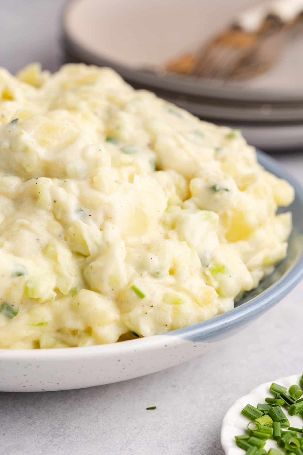 Potato Salad without Eggs close up in a serving bowl