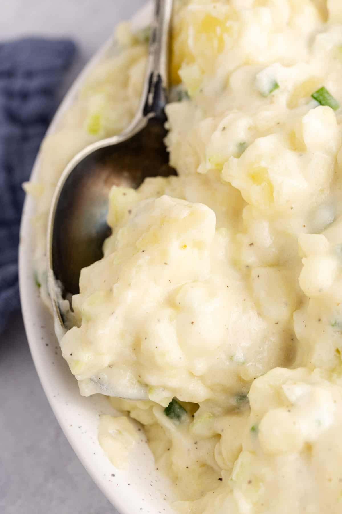 Potato Salad without Eggs with a spoonful close up in a serving bowl