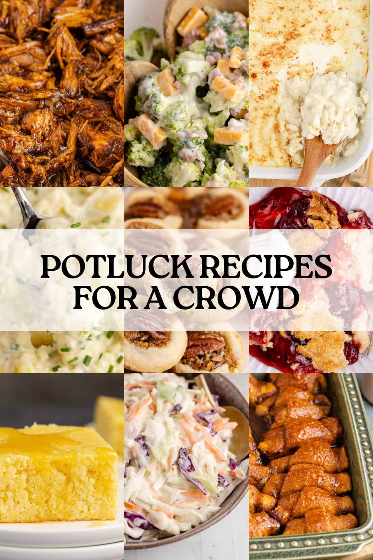 Collage of Potluck Recipes for a Crowd Including Appetizers Mains and Desserts
