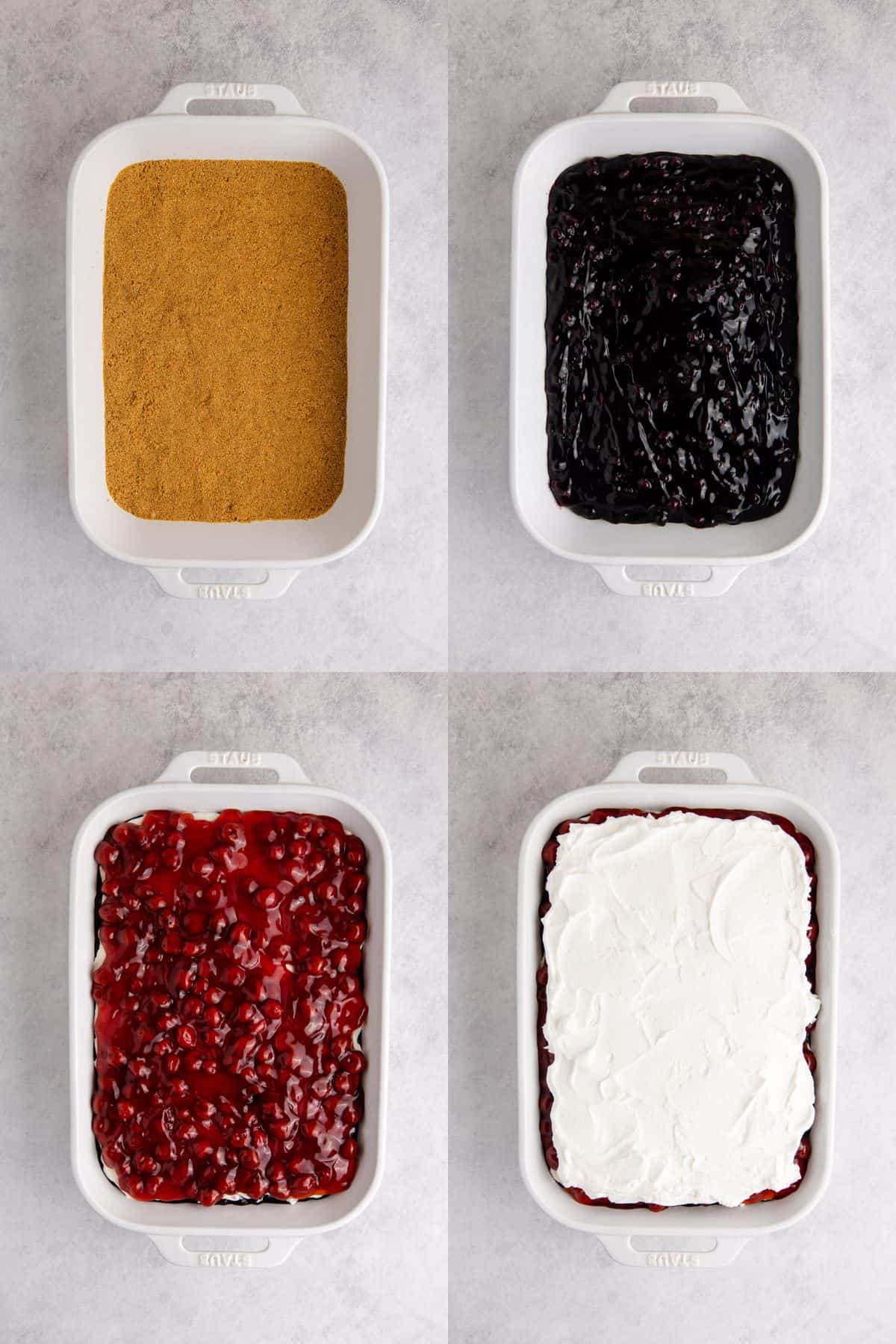 Red White and Blue Dessert Lasagna being made in a 9x13 dish