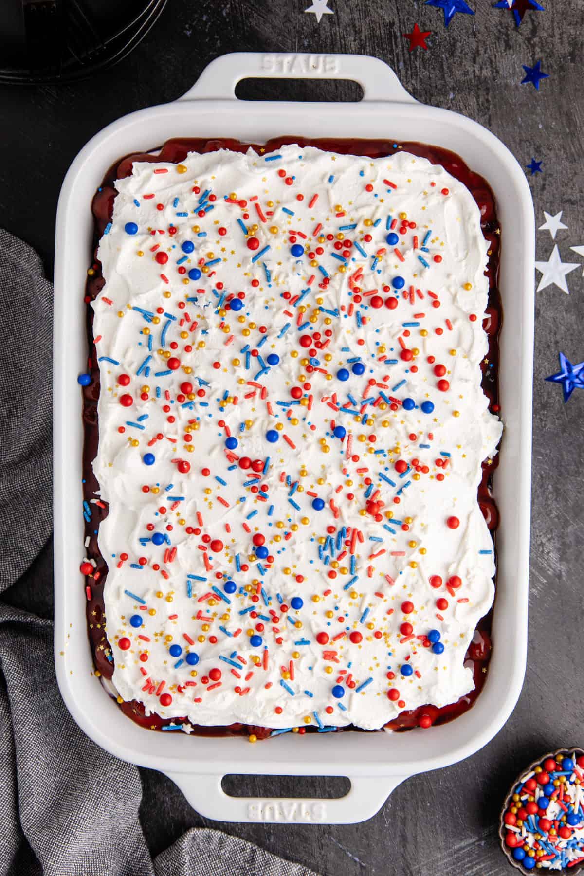 Red White and Blue Dessert Lasagna fro above with sprinkles all over