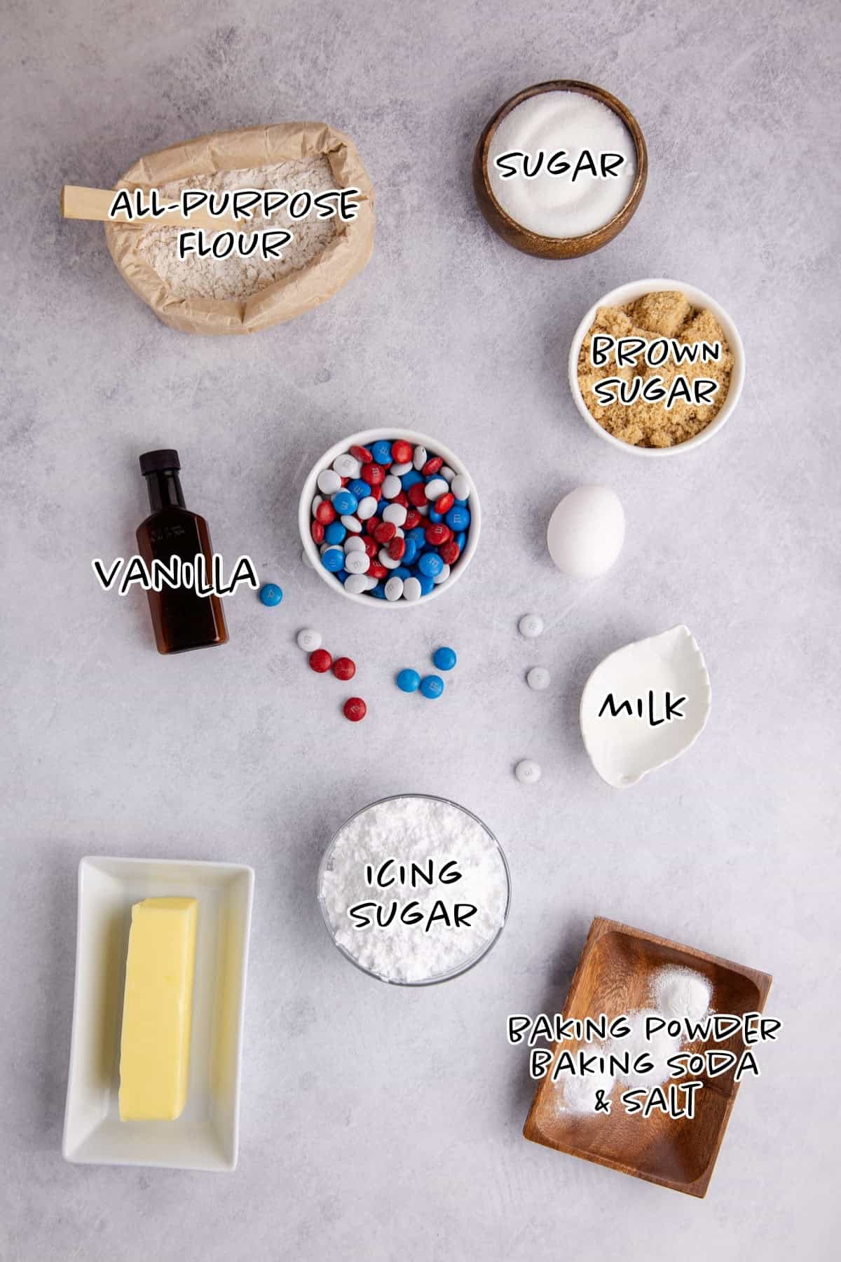 Red White and Blue Cookie Cake Ingredient Shot on a counter