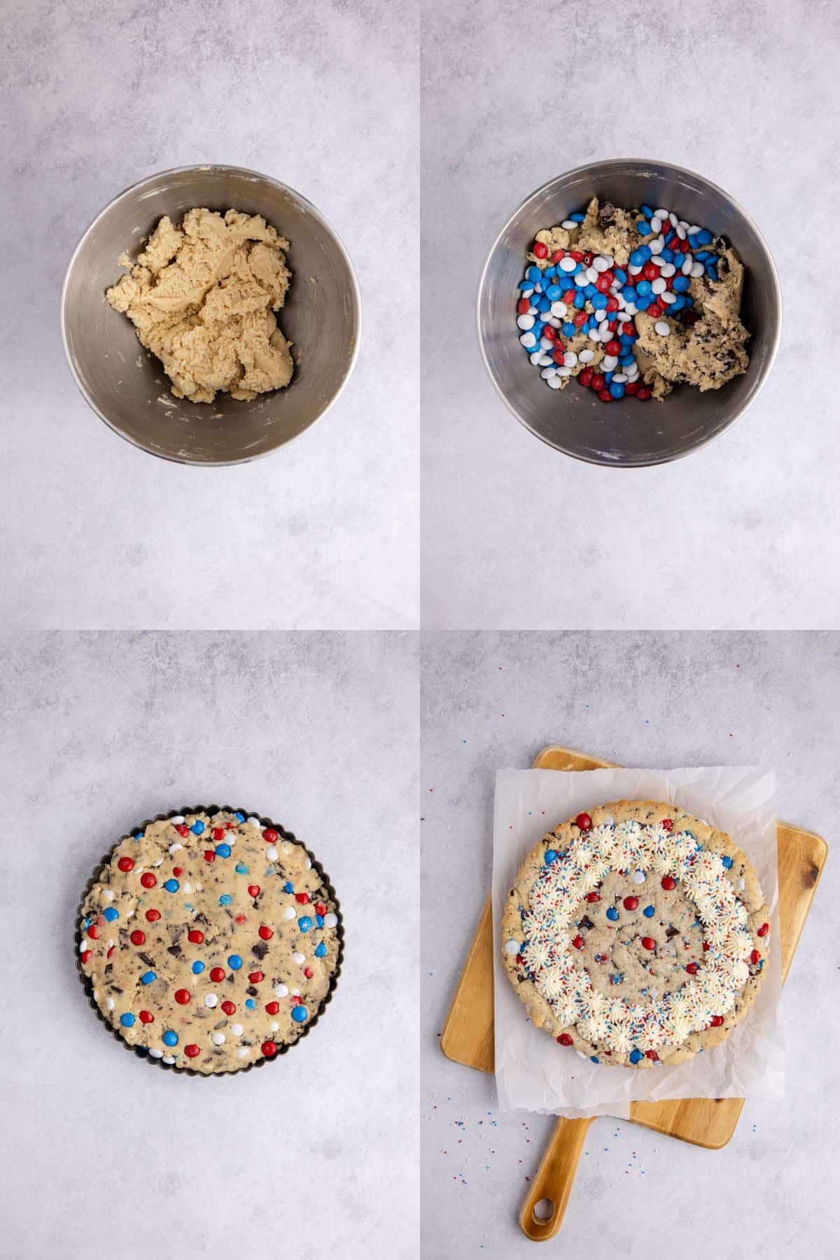 Red White and Blue Cookie Cake dough being made in a mixer bowl and then into a tart pan