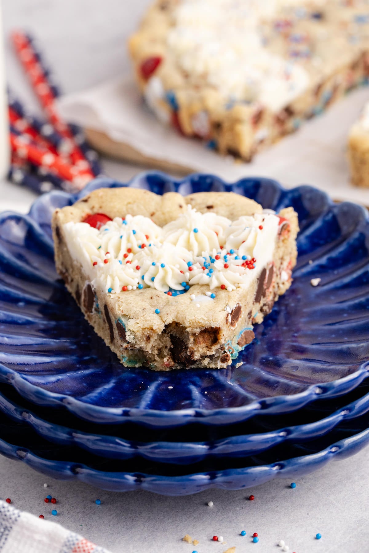 Red White and Blue Cookie Cake close up with a bite take from the front