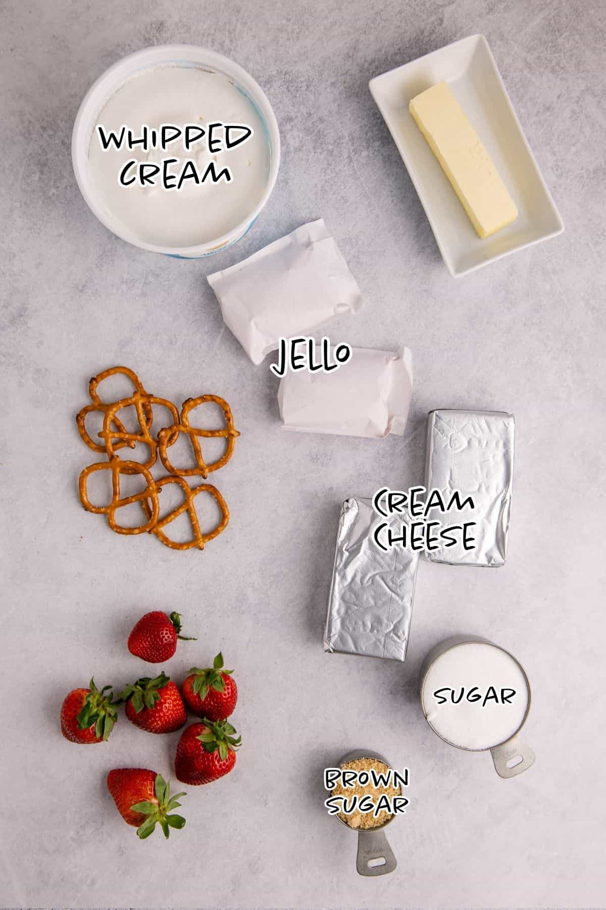 Strawberry Pretzel Salad Ingredients on a counter