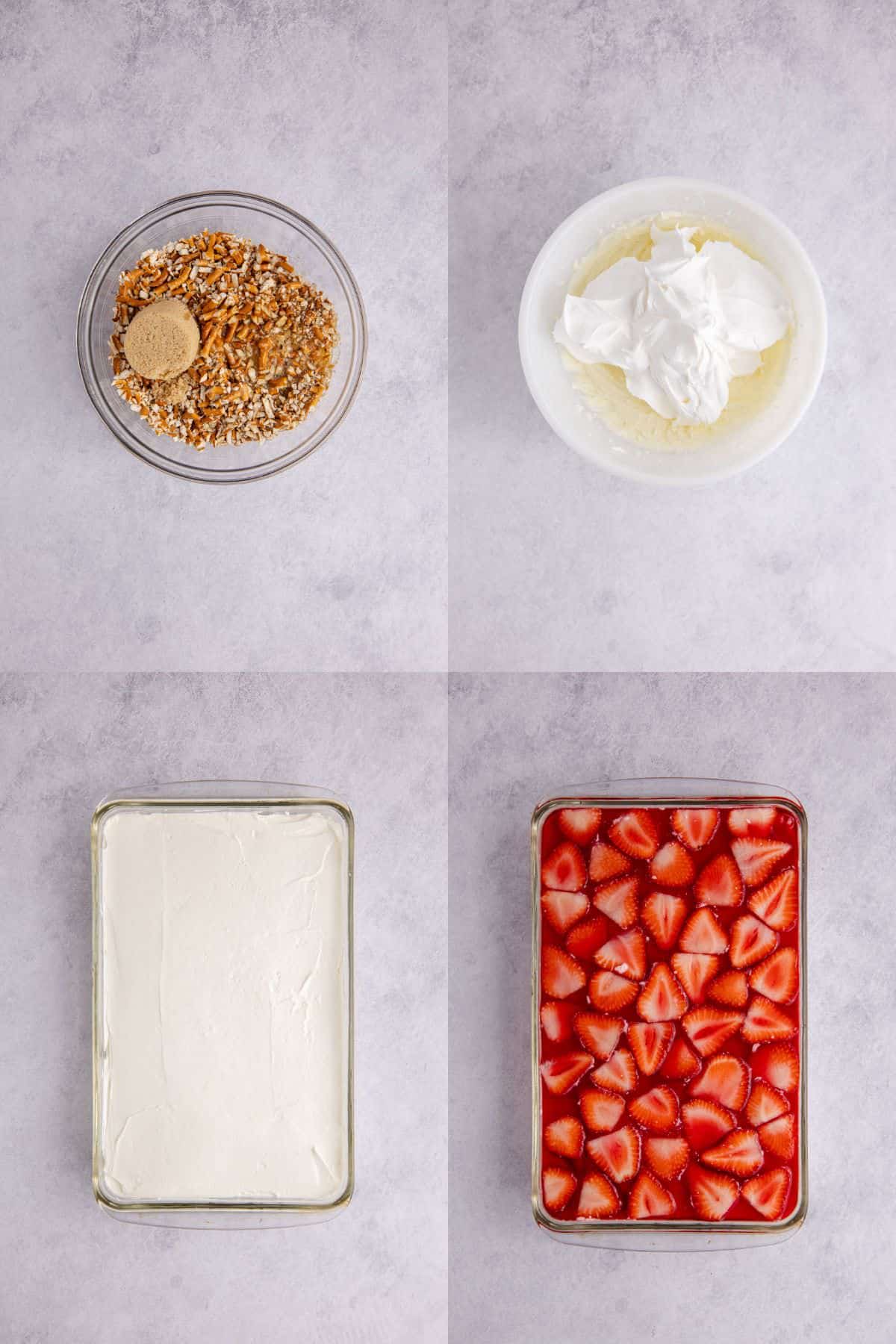 Strawberry Pretzel Salad being made in a bowl then in a casserole dish