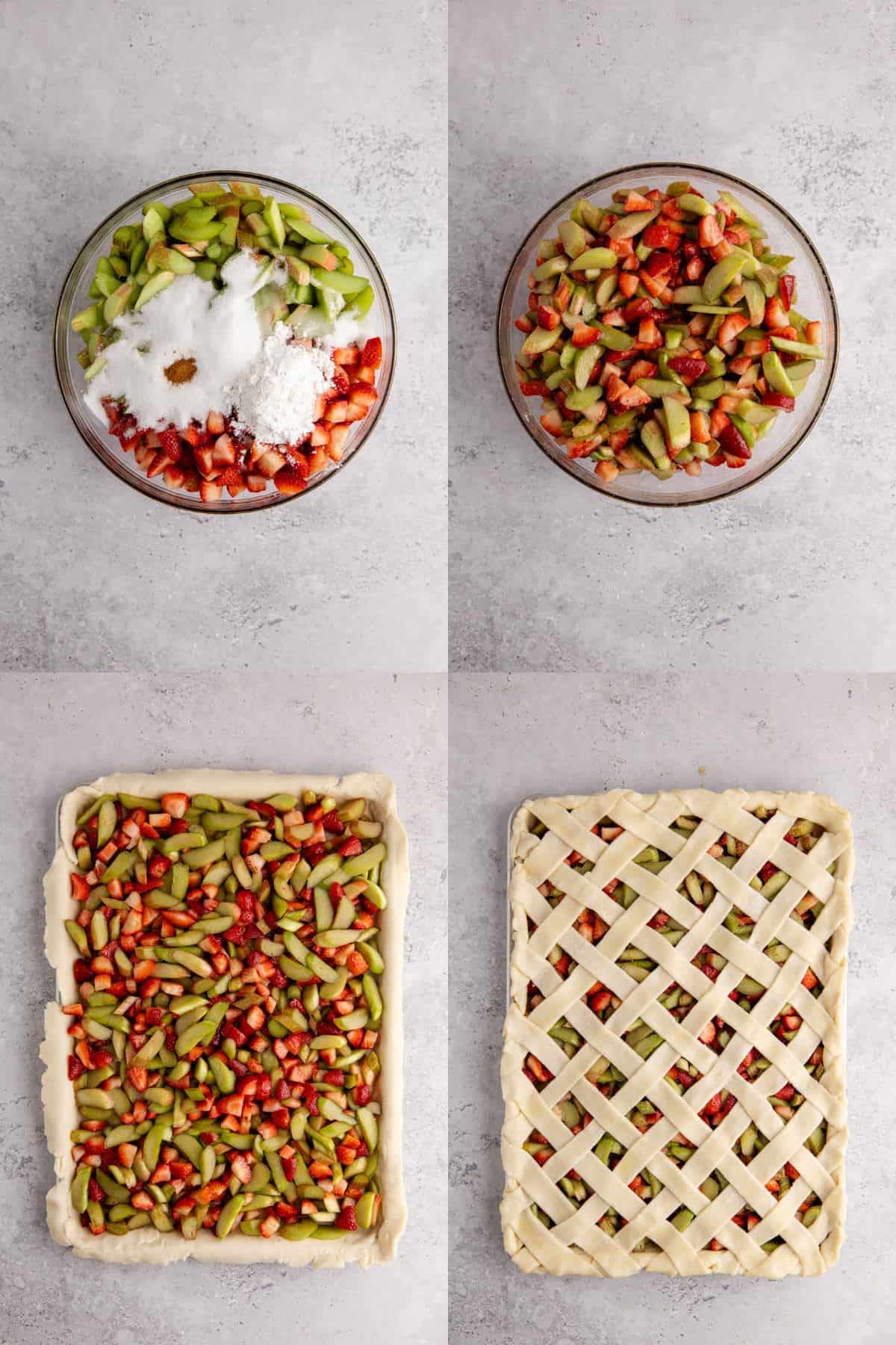 Strawberry Rhubarb Slab Pie being made on a counter in a bowl and sheet pan