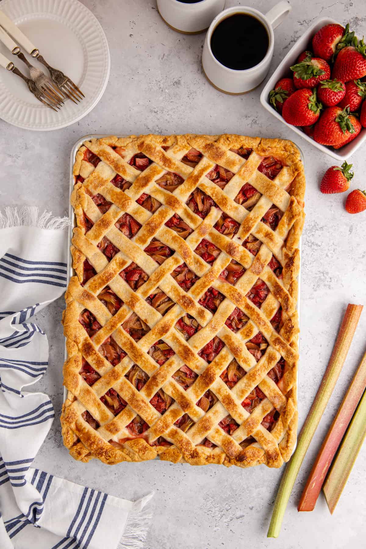 Strawberry Rhubarb Slab Pie from above after baking