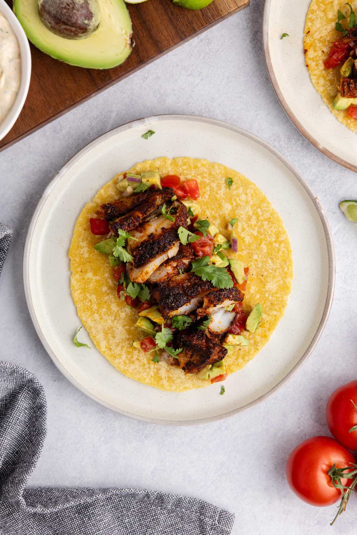 Blackened Cod Tacos on corn tortillas from above