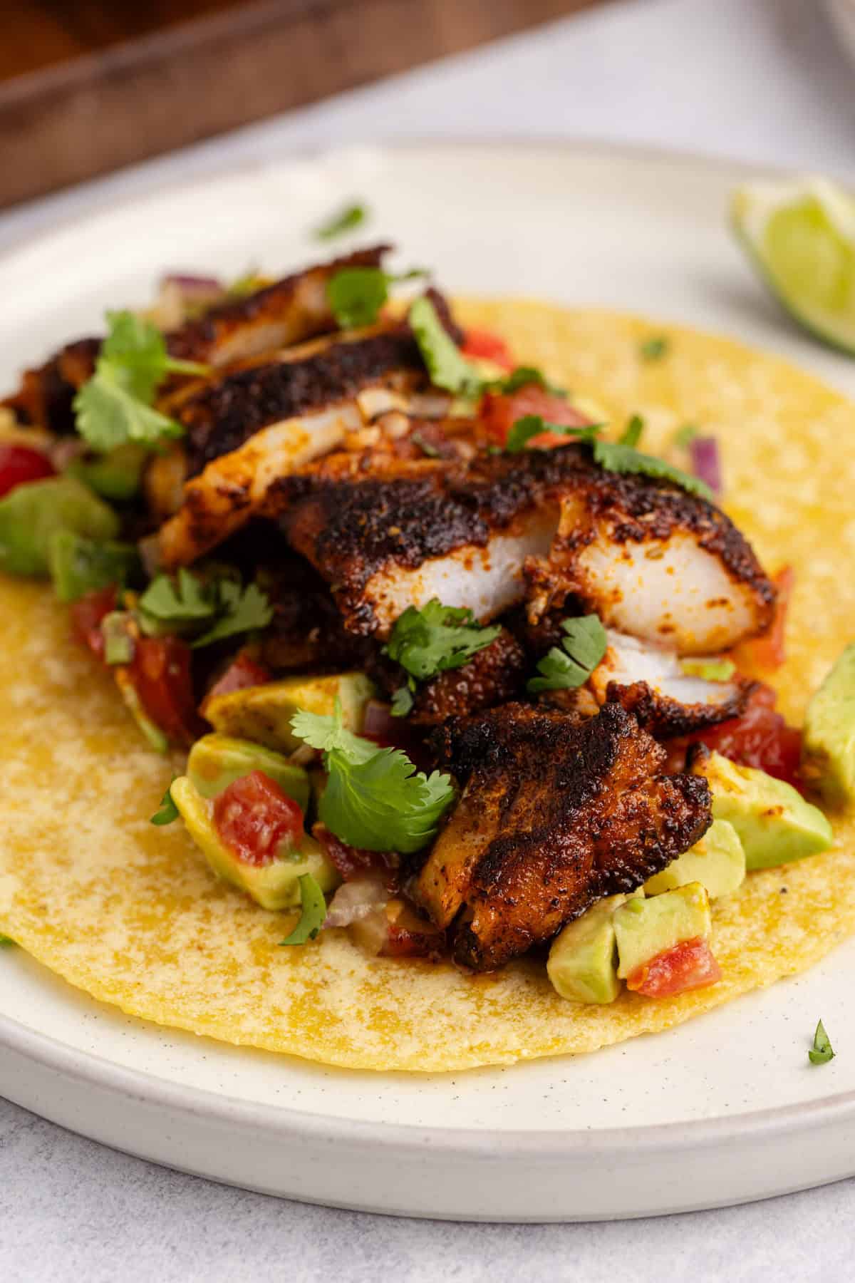 Blackened Cod Tacos on corn tortillas
