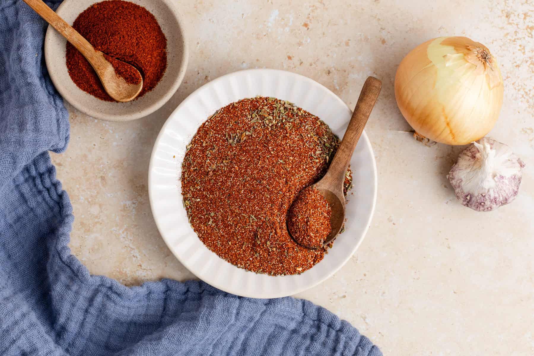 Blackening Seasoning on a small plate with a spoon from above