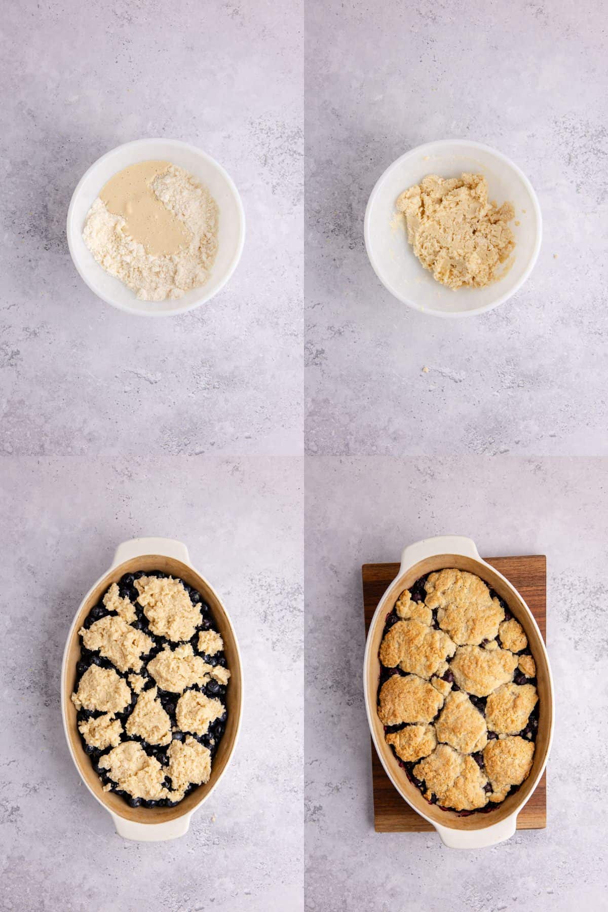 Blueberry Cobbler being made in a bowl and oval baking dish