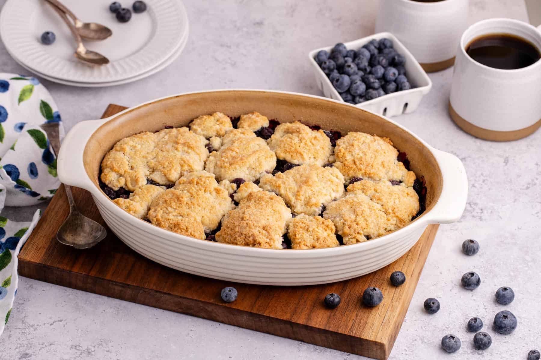 Blueberry Cobbler baked in an oval dish with blueberries in the back