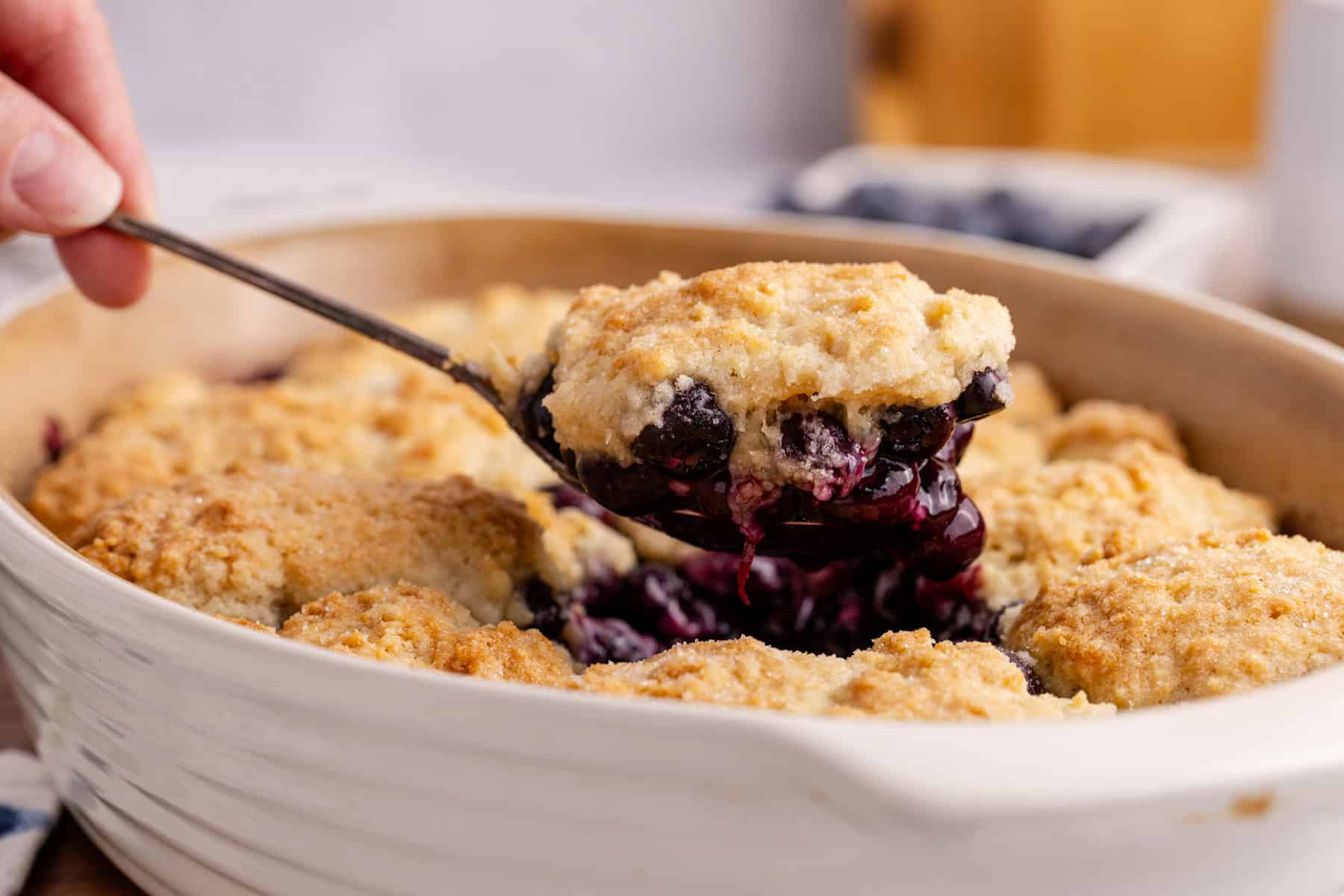 Blueberry Cobbler being scooped out of the baking dish