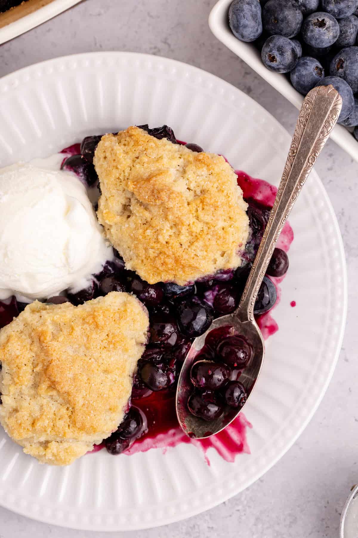 Blueberry Cobbler plated with ice cream