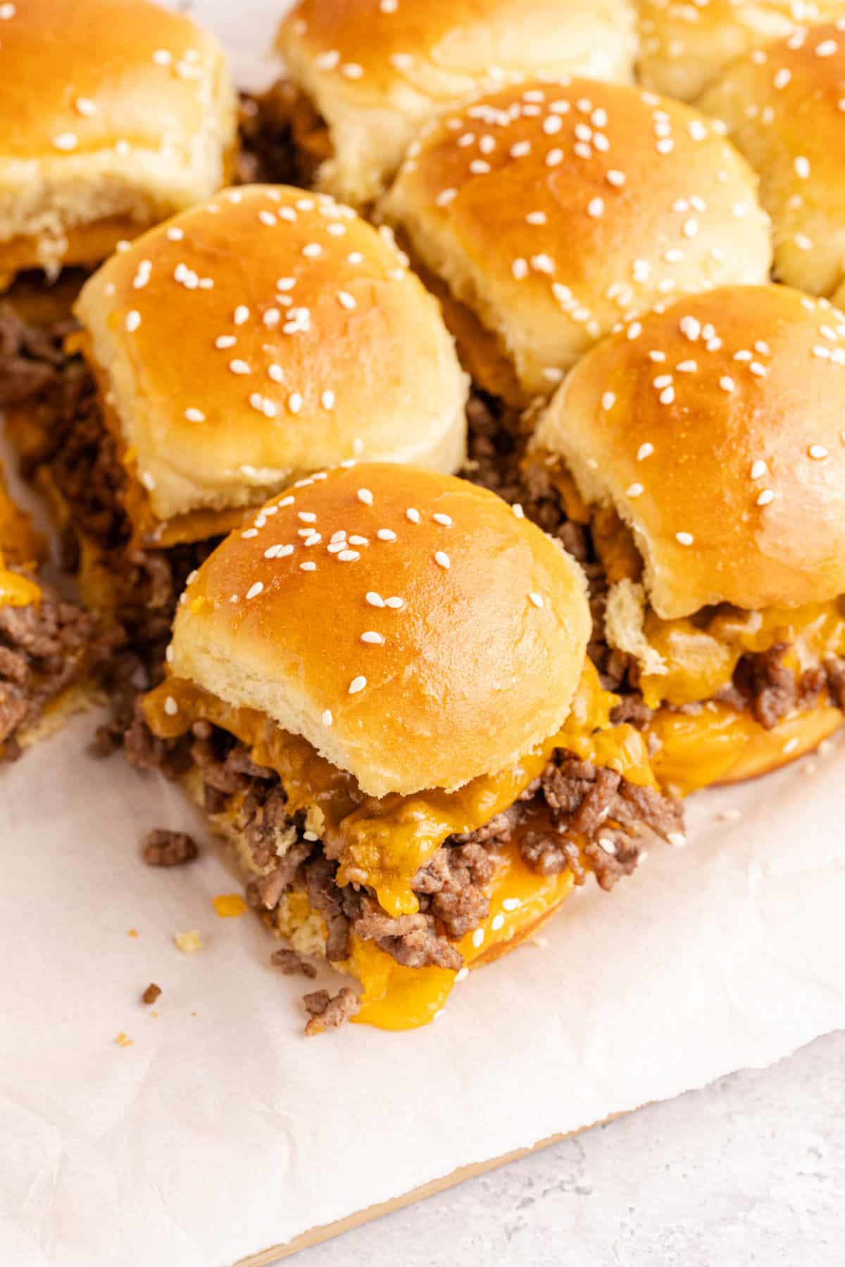 Cheeseburger Sliders on parchment paper