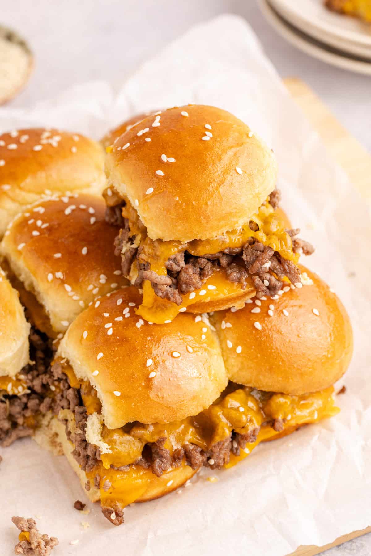 Cheeseburger Sliders stacked on top of each other